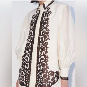 Alemais Cream Tunic Blouse with Brown Embroidered Trim